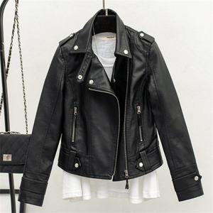 Chaqueta de cuero de PU para hombre, cuello vuelto, cremallera, bolsillos, traje corto de motocicleta, primavera Otoño, abrigo informal ajustado negro para mujer - Product Image 1