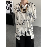 Chemise décontractée pour homme à manches longues, col montant, imprimé bambou, style chinois, respirante, coupe ample, haut vintage pour le quotidien