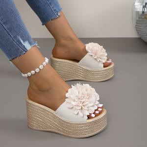 Cross-border Large Size Summer New Women's <b>slippers</b> with <b>Wedge</b> Heel Bow and Thick Sole Platform Flip-flops Wholesale 7331 - Product Image 5