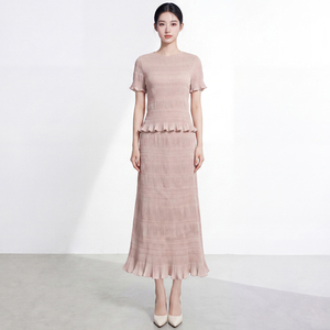 Korean Women's Short Sleeve Pleated Long <b>Dress</b> Set With <b>Ruffles</b> O-Neck Elegant Spring Summer Solid Color Breathable Regular Fit - Product Image 3