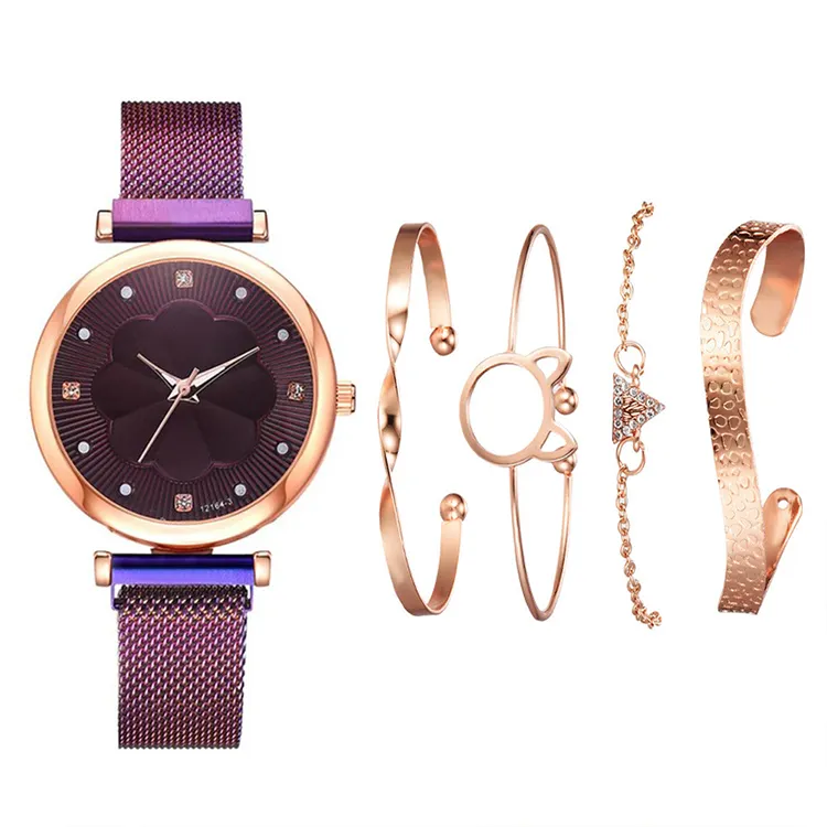 New Design Watch Bracelet Ladies Fashion Wrist Watches Simple Mesh Belt Magnet Ladies Luxury Watch Set with Bracelet