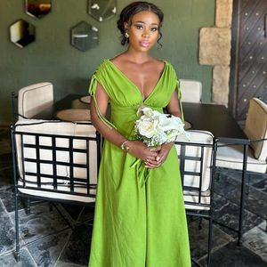 Cổ Điển Đơn Giản Lãng Mạn Maxi Dress Cho Phụ Nữ Văn Phòng V Cổ Đàn Hồi Eo Rắn Có Thể Giặt Cho Mùa Xuân <span class=keywords><strong>Ruffles</strong></span> - Product Image 2