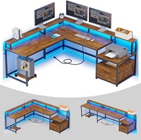 Bureau d'angle en bois en forme de L avec prise électrique, tiroir de rangement, étagère d'angle pour jeux, pour imprimante et rangement, bureau informatique ergonomique