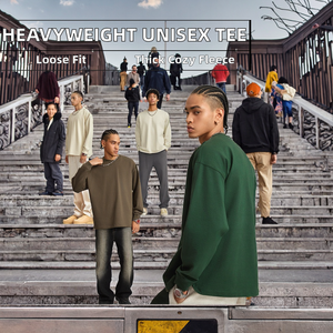 T-shirt unisexe à manches longues en coton épais 425 g/m², col rond, uni, teint, coupe oversize pour homme et femme - Product Image 2