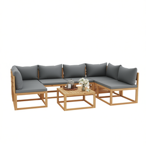 Ensemble de salon de jardin en bois d'acacia massif, 5 pièces, avec coussins gris, meubles de jardin d'extérieur, design contemporain, résistant aux intempéries - Product Image 1