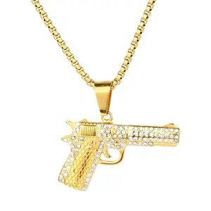 S.Steel-collares con forma de pistola para hombres, colgantes de acero inoxidable chapado en oro de 18K para policías, joyería de Hip Hop