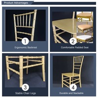Chaises Chiavari en résine PP dorée et acier doré, durables, pour salle à manger, hôtel, banquet, jardin, location, mariage