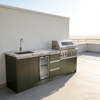 Cocina Exterior Moderna para Asados, Todo en Uno, de Acero Inoxidable 304, con Parrilla Profesional, Fregadero, Grifo y Refrigerador Integrado, a Gas Natural