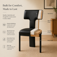 Chaise de salle à manger moderne et écologique en cuir noir rembourré avec dossier en forme de T et pieds en métal