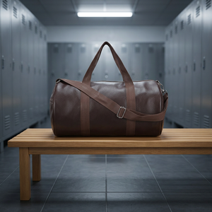Bolsa de Lona Vintage de Cuero Genuino en Forma de Barril con Cierre de Cremallera, Asa Única, Unisex, para Gimnasio, con Correa para Hombro y Logotipo - Product Image 1