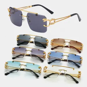 Venta al por mayor de moda Vintage cabeza de leopardo doble puente elegante gafas de sol sin montura UV400 logotipo personalizado protección mujeres gafas de sol