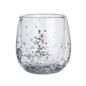 Promotional Drinkware 340ml Double Wall Glass with Sequin for Coffee Latte cappuccino Cafe Milk