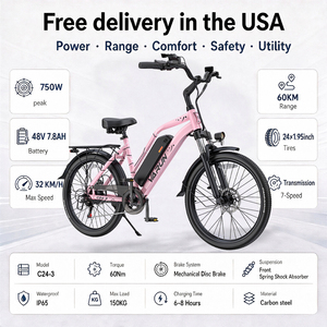 Vélo électrique 24 pouces, moteur sans balais 500W, batterie amovible 48V 7.8AH, 7 vitesses, frein à disque double, livraison gratuite depuis l'entrepôt américain - Product Image 1