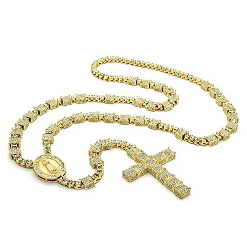 14k ouro terminou iced out mens rosário cadeia hip hop colar do rosário