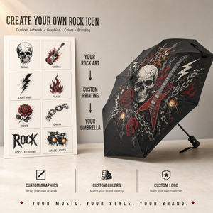 Parapluie pliant automatique compact anti-pluie, motif crâne gothique, guitare et rose, poignée crâne, style Heavy Metal Rock - Product Image 2