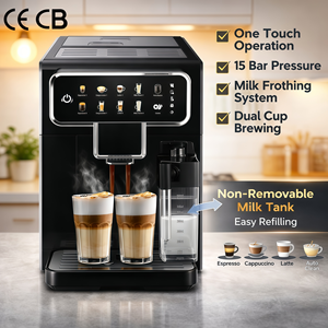 เครื่องชงกาแฟเอสเพรสโซ่อัจฉริยะแบบอัตโนมัติเต็มรูปแบบ พร้อมระบบควบคุมแบบสัมผัส ได้รับการรับรองมาตรฐาน CE พร้อมท่อสำหรับนม ทำคาปูชิโน่ได้ - Product Image 1