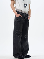 American Retro Yellow Mud Dyed Ripped Jeans pour hommes Loose Straight-Leg Pants Washed Technique High Street Style Rivet Washable