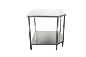 Mesa de trabajo esquinera de acero inoxidable para preparación de alimentos en cocinas comerciales, mesa de trabajo metálica de doble capa con protector contra salpicaduras, certificada por la NSF. - Product Image 5