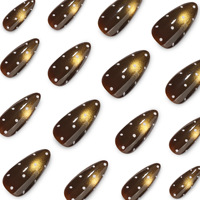 Faux ongles à presser en PMMA, forme amande, brun foncé, motif œil de chat et pois blancs, avec points peints à la main, style French, pour automne-hiver