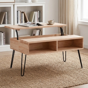 Mesa de Centro Moderna Multifuncional de Madera Maciza Hecha a Medida, Ajustable en Altura, con Tablero Elevable y Función de Almacenamiento - Product Image 1