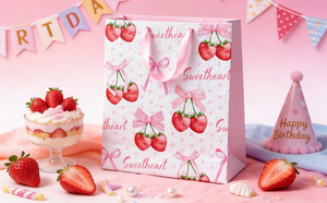 Papel de regalo artístico original, lindo, rosa, con forma de lazo, con diseño de fresa dulce. - Product Image 2
