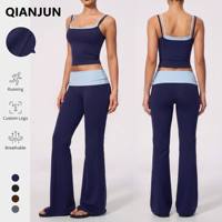 Ensemble de yoga 2 pièces pour femme, color block, avec débardeur court à double bretelle et pantalon de yoga évasé à taille repliée, doux et extensible, tenue de sport et fitness