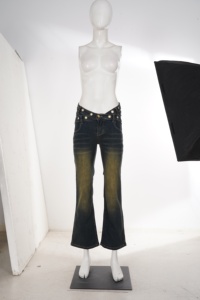 Vaqueros de mujer de tiro bajo con pierna acampanada, lavado oscuro, estilo vintage desgastado, con ojales metálicos, pantalones de mezclilla, estilo Y2K, streetwear, casuales - Product Image 2