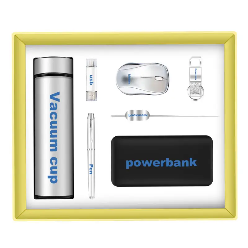 Kit de presente com quatro cabos, banco de potência, termos, usb, caneta, mouse, chaveiro e marcador, design clássico, preço razoável, 7 peças