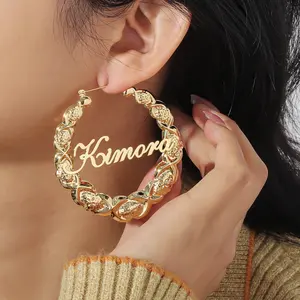 Hot Sale Fashion Jewelry Personalized Bamboo Nameplate Earrings Custom Name Hoop Earring For Women's Gifts