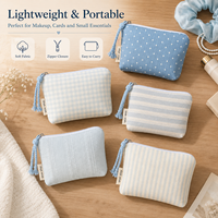Tempat Kartu Koin Katun Mini Bermotif Polkadot Kotak-kotak Garis Biru Segar Tas Organizer Kecil Kantong Menstruasi