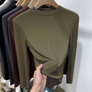 Women Stand Collar Long Sleeve Base Shirt Solid Color Slim Fit Autumn Winter Warm Top Mustard Black Coffee Olive Green Yellow - Product Image 2