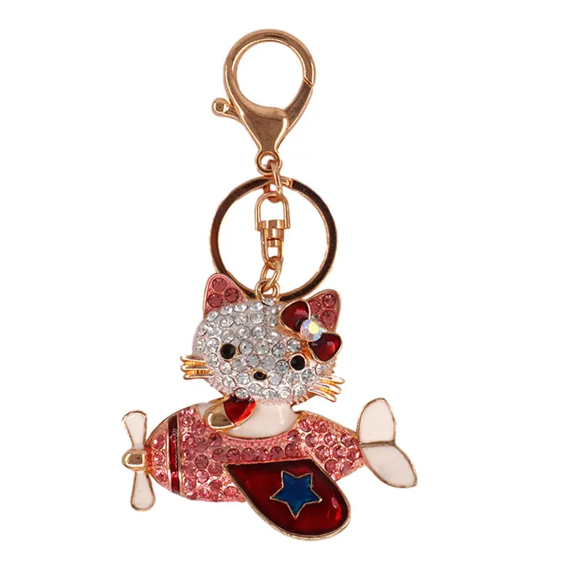 Hot Style Wholesale Red Black Blue Green Diamond Gold Stainless Steel Metal Fob Airplane Hello Kitty Keychain