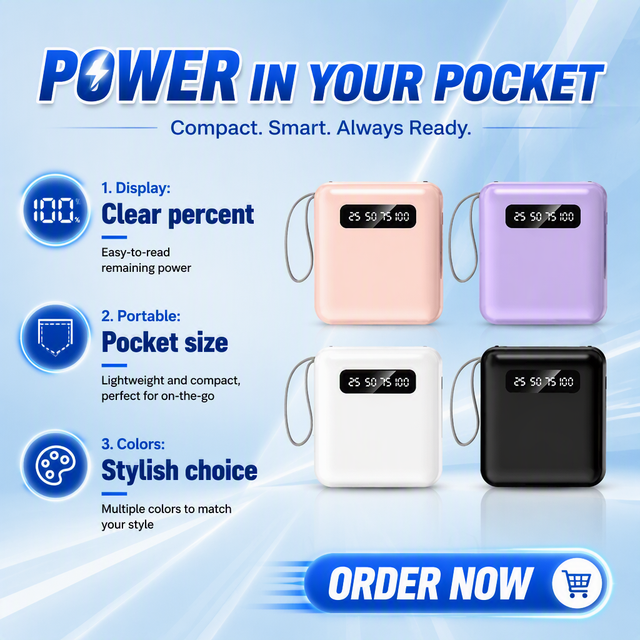 Best Consumer Electronics Power Bank Hot Selling 10000mAh Built-in Cables Portable LED Display Quick Charge 10W Output Type-C