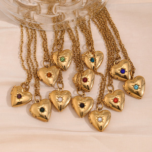 Collier avec pendentif cœur en bambou en acier inoxydable plaqué or 18 carats, pendentif photo pierre de naissance, bijoux minimalistes pour la vie quotidienne des femmes - Product Image 2