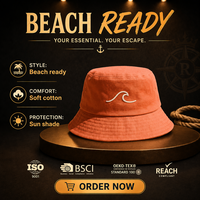 Cappello da Pescatore Unisex in Morbido Cotone Terracotta con Ricamo Minimalista a Onde, Ampio Protezione Solare UPF, Pieghevole, Ideale per Vacanze e Viaggi