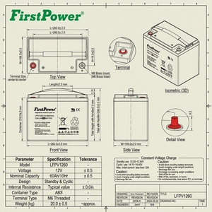 Batterie gel légère FirstPower LFPV1260 12V60Ah avec BMS intégré pour outils électriques, usage domestique et extérieur, durée de vie de 500 cycles - Product Image 3