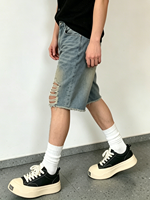 Nouveaux shorts en jean pour homme, style vintage, délavé, fortement déchiré, streetwear, coupe ample, jorts à ourlet brut, demi-pantalon