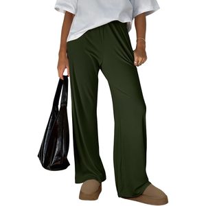Pantalon palazzo à taille haute pour femmes, à jambes larges, extensible, côtelé, avec poches, pantalon décontracté pour la maison, respirant, en coton tricoté - Product Image 1