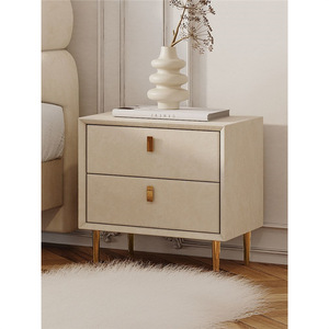 Denlais Nightstand <b>Cream</b> Solid Wood 2 Drawers Modern <b>Bedside</b> <b>Table</b> With Wheels - Product Image 2