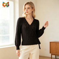 CG OEM ODM Personnalisé Blouse en tricot festonné pour femme, pull à manches longues en tricot torsadé ajouré avec lien latéral à nouer à la taille pour le printemps et l'automne