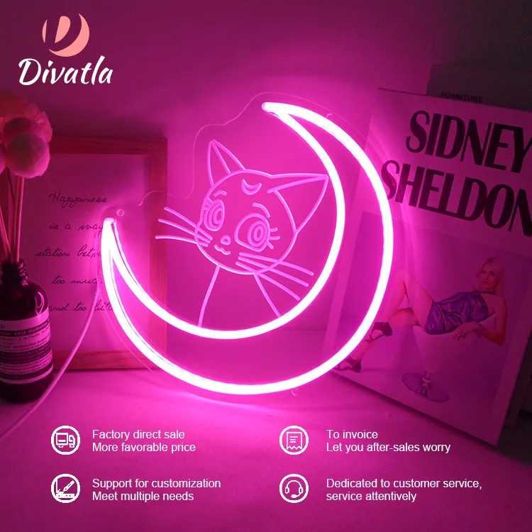 स्टॉक में DIVATLA मल्लाह चंद्रमा लूना मोबाइल फोनों के लिए जादू बिल्ली दीपक बेडरूम रात 5v एक्रिलिक सजावट के नेतृत्व नीयन साइन प्रकाश