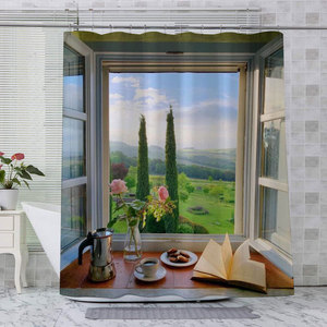 Cortina de <span class=keywords><strong>ducha</strong></span> de ventana de playa personalizada, pantalla de baño de paisaje de océano de planta de flor de balcón exterior - Product Image 1