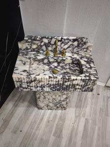 Lavabo Flotante de Mármol Natural de Lujo, Lavabo Integrado de Piedra, Encimera de Baño Montada en la Pared con Diseño Acanalado, Duradero - Product Image 6