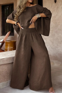 Damen Casual Vacation Style Sommer kragen Short Top High Waist Loose Pants 2-teiliges Set - Product Image 3