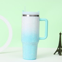 Vaso Térmico de Acero Inoxidable 304 de 40oz con Aislamiento al Vacío, Color Degradado, con Asa y Pajita, Diseño de Diamantes y Perlas