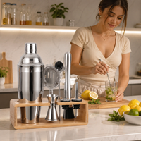 Ensemble de shaker à cocktails en acier inoxydable avec outils de bar, shaker Cobbler, kit de barman, support en bambou, verseurs de bouteilles pour bar à domicile