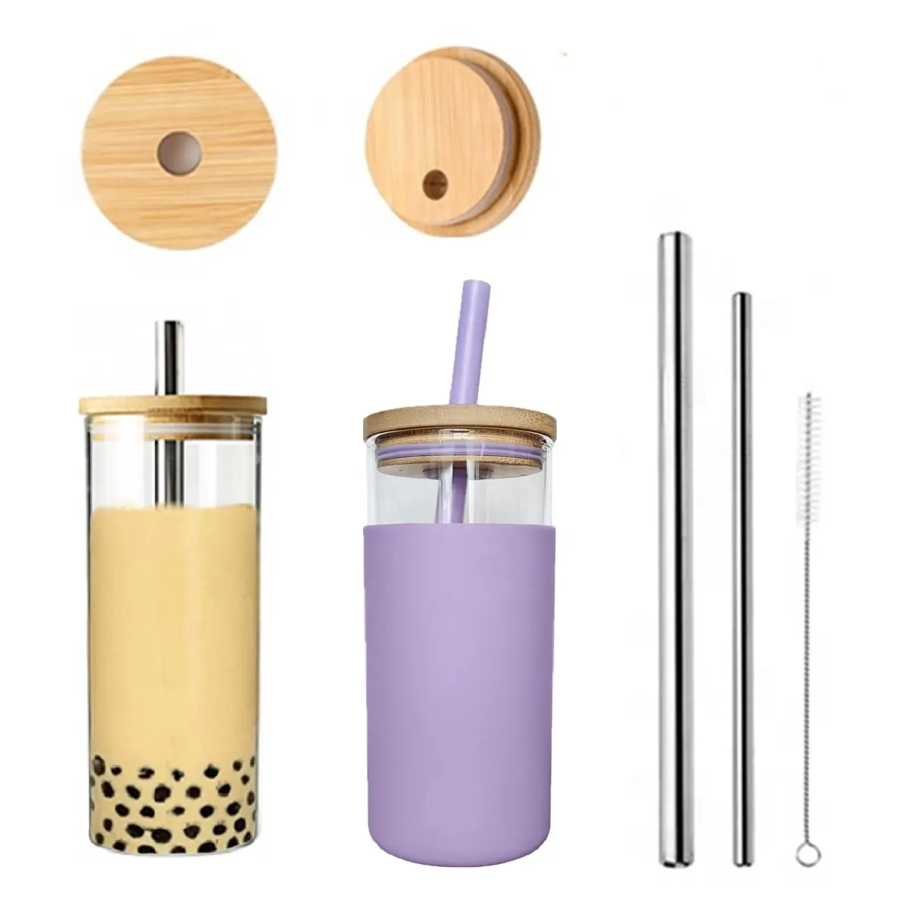 reusable glass cup water bottle bamboo wood lid with silicone seal and straw boba tumbler