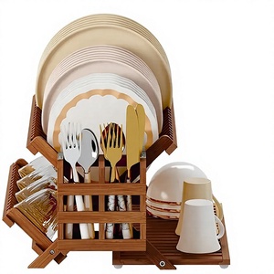 Égouttoir à vaisselle pliable en bambou à 2 niveaux, support décoratif en métal pour assiettes, bols et tasses - Product Image 3