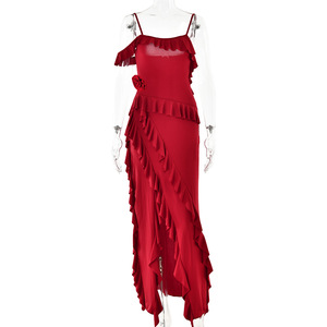Robe de soirée longue, dos nu, fente, sans manches, couleur unie, volants sur le devant, taille haute, taille naturelle, respirante, origine Yiwu - Product Image 5