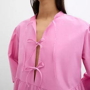 เดรสยาวสีพื้นทรงหลวมสไตล์ลำลองสำหรับฤดูร้อน ดีไซน์ระบายชั้นๆ ผ้าฝ้ายเนื้อนุ่ม แขนยาว กำลังเป็นที่นิยม - Product Image 4